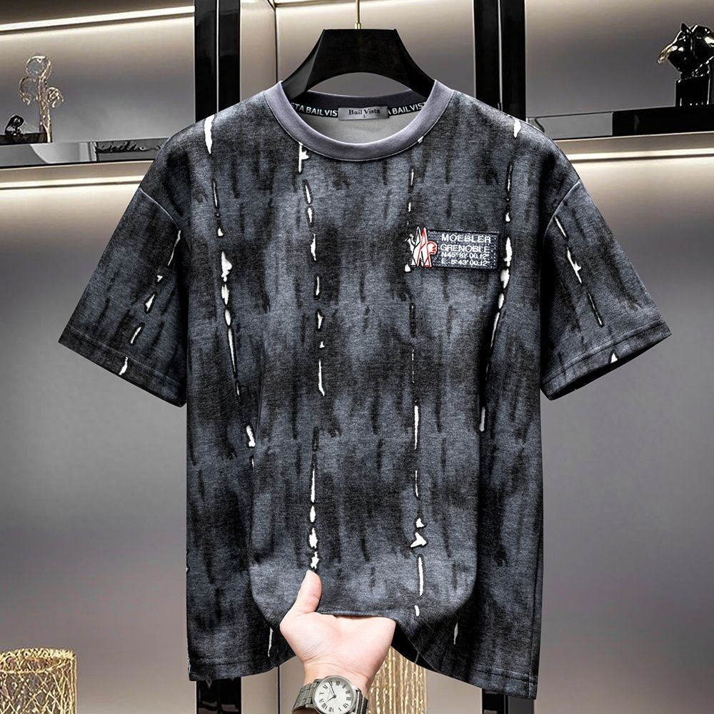 Luma hop European Summer New Embroidered Rhinestone Short Sleeve T-Shirt for Men 2025 American High-End Trendy Loose Fit Half-Sleeve Top