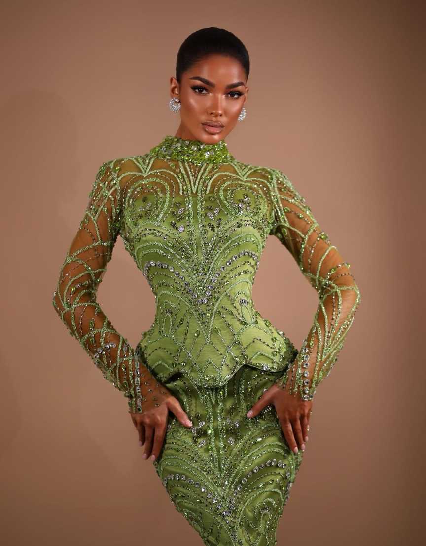 Elegant Green Mermaid Party Prom Dress Long Sleeve Crystal Sequins Party Dress Beaded Second Reception Engagement Gowns Customized