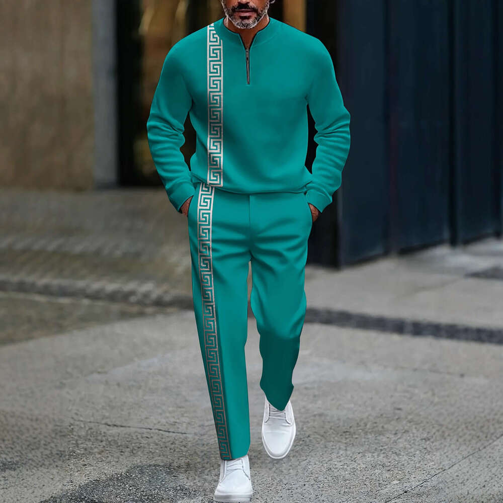 2025 European And American Amazon New Half-Open Zipper Pullover Casual Fashion Men's Sleeve Long Pants Set