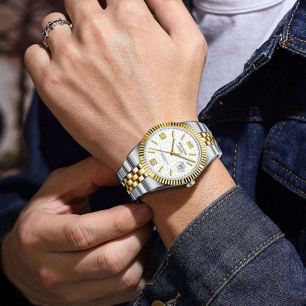 Watch for Men Stainless Steel Business Style 40mm Quartz Movement 3Bar Waterproof Clock Fashion Honeycomb Calendar Wristwatches