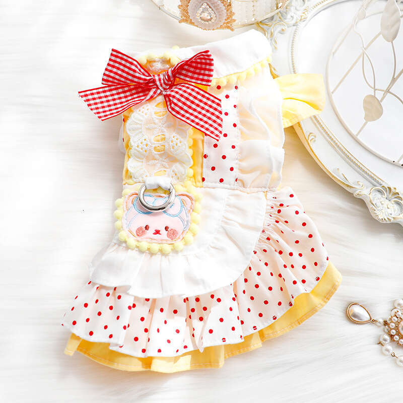 dog Clothes Spring Summer Thin Style Cat Princess Dress Red Dot Yellow Bear Leash Lolita Small Dog Pet Wholesale