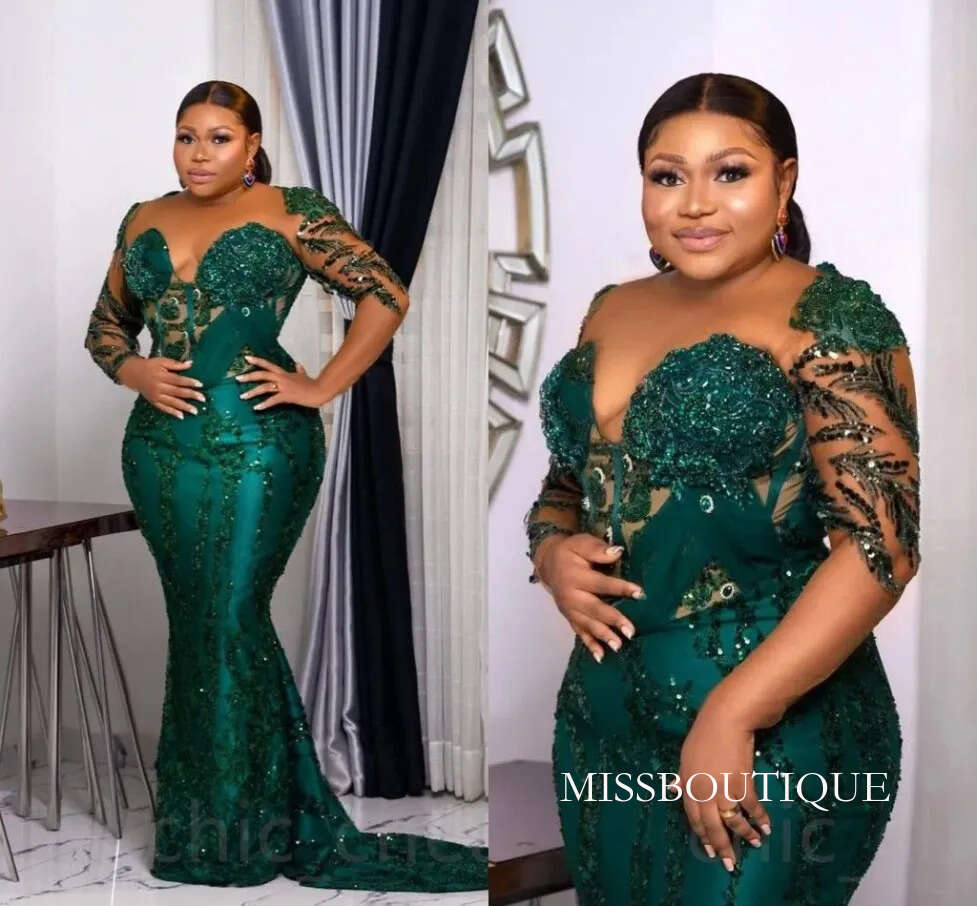 Aso Ebi Dark Green Mermaid Prom Dresses With Long Sleeves Shiny Sequins Beaded Formal Evening Gowns Plus Size African Black Women Sexy Second Receptio