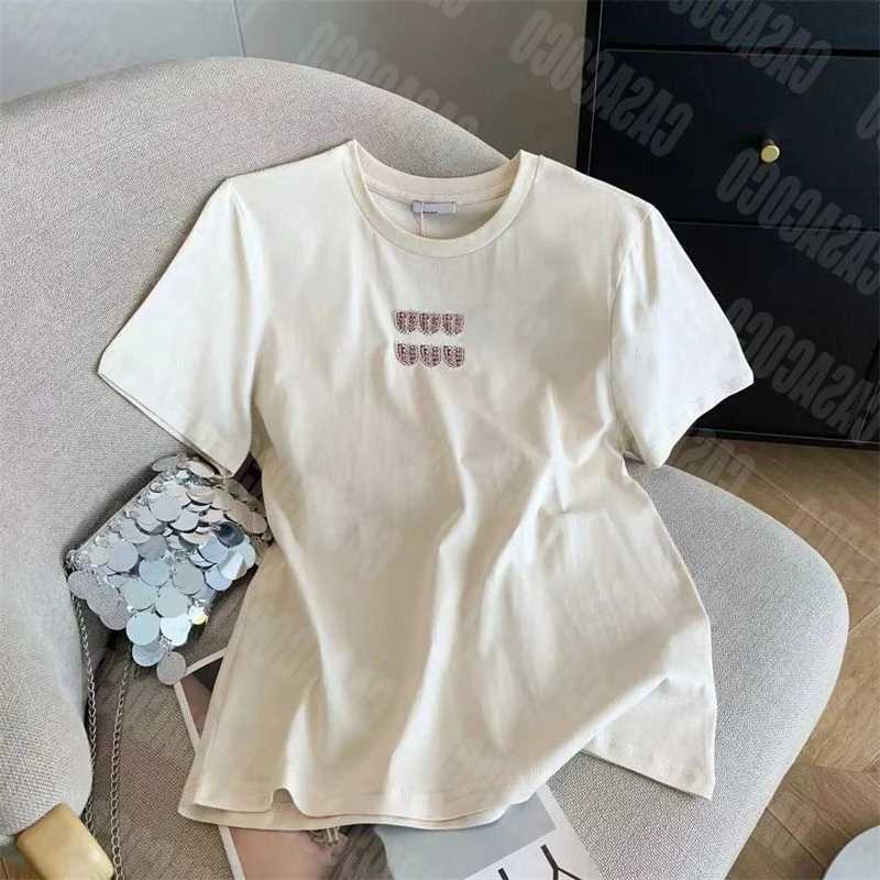2025 Summer New Womens Heavy Industry Nail Bead Inlaid Diamond Pure Cotton Short Sleeved T-shirtT260312