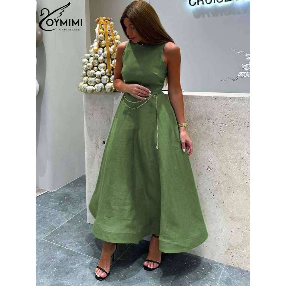 Oymimi Elegant Green Cotton Women's Dress Fashion O-Neck Sleeveless Casual New High Waist A-Line Mid-Calf Dresses Female C260312