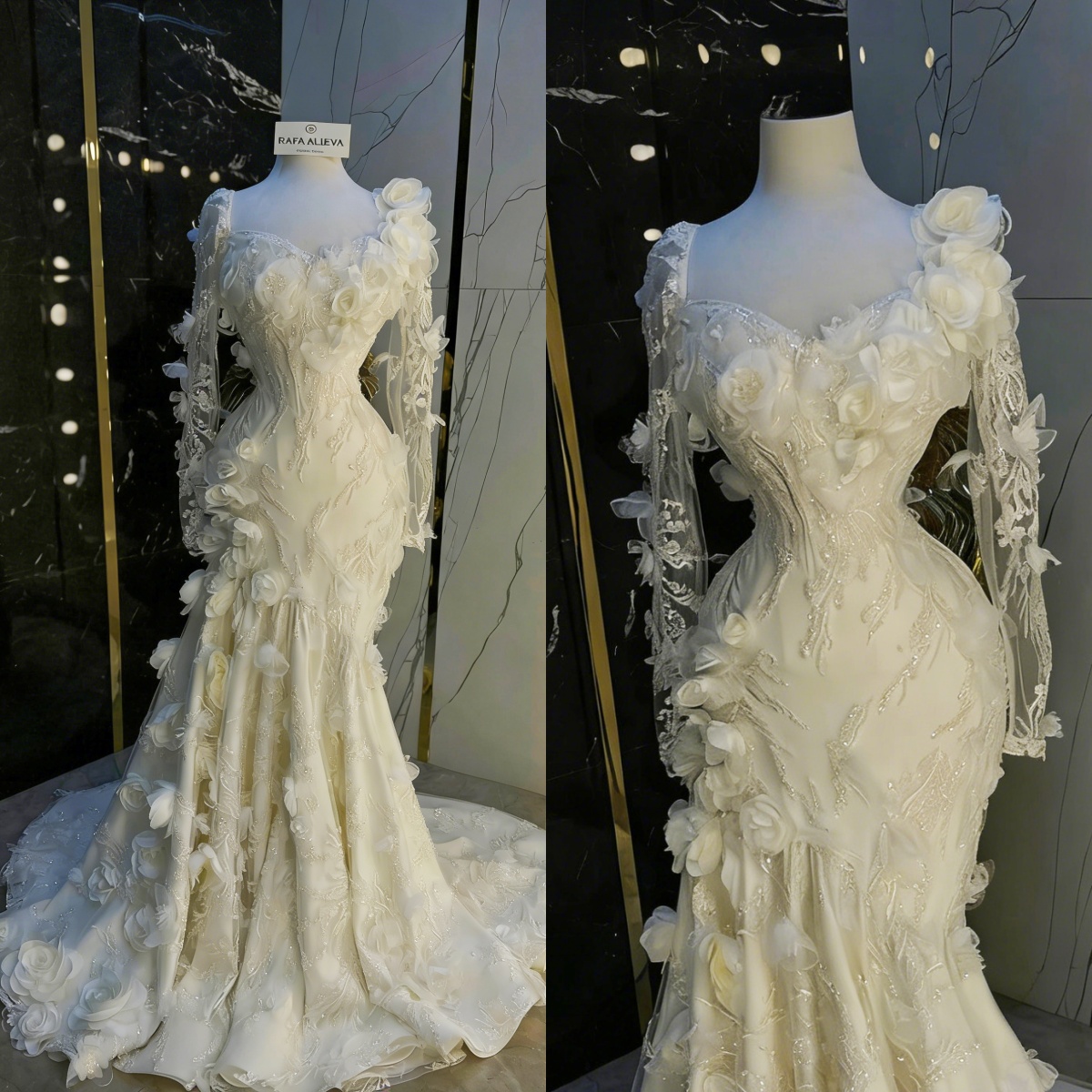Graceful Mermaid Wedding Dress Sweetheart Neck Long Sleeves Bridal Gowns 3D Appliques Sequins Sweep Train Dresses Custom Made vestidos