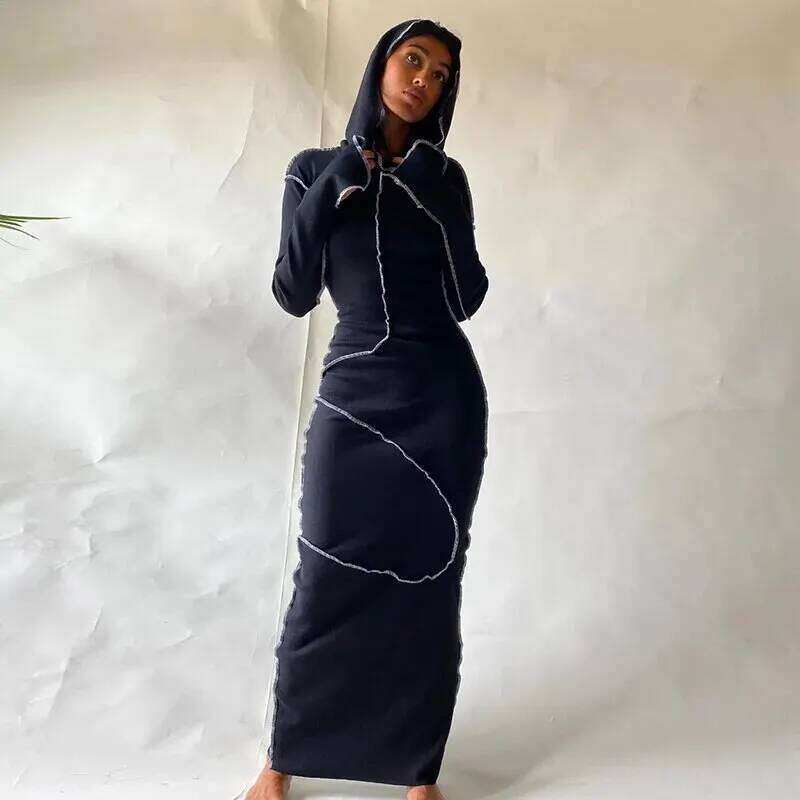 Dulzura Women 2024 Autumn Winter Fashion Sleeve Streetwear Bodycon Black Long Dress Items For Business C260312
