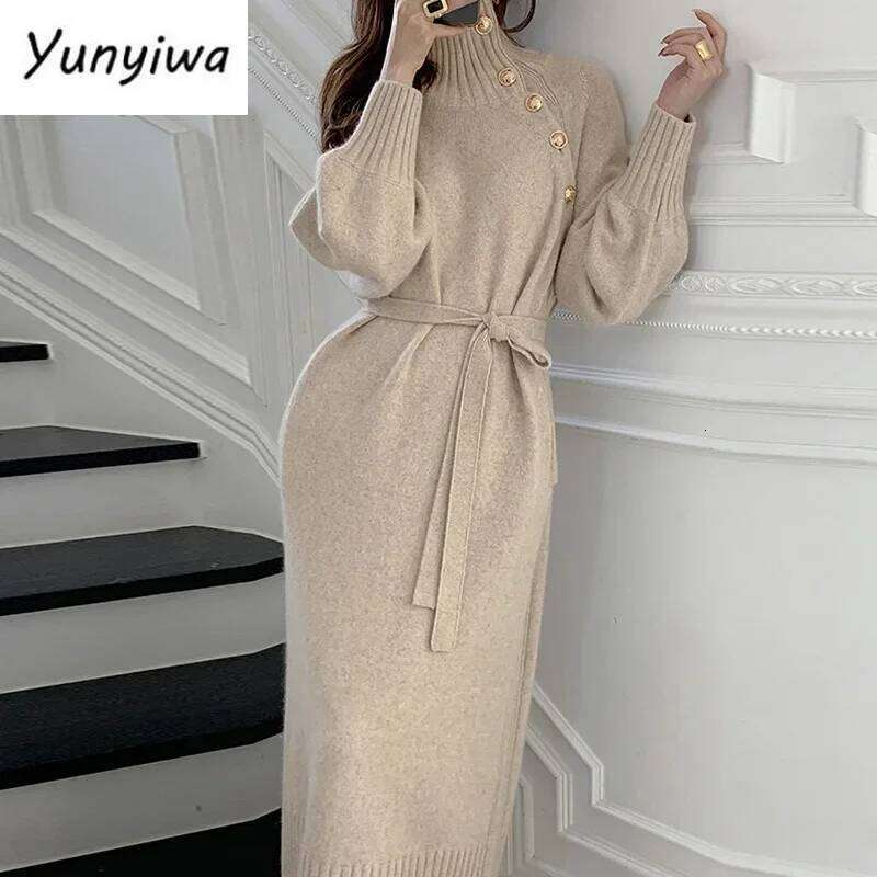 Winter Turtleneck Buttons Women Knitted Elegant Full Sleeve Lace-up Female Thicken Long Dress for Sweater Autumn New C260312