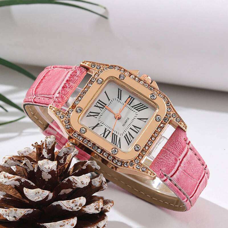 6pcs Women Fashion Quartz Female Clock Pink Butterfly Necklace Bracelet Luxury Design Ladies Leather Wrist Watch