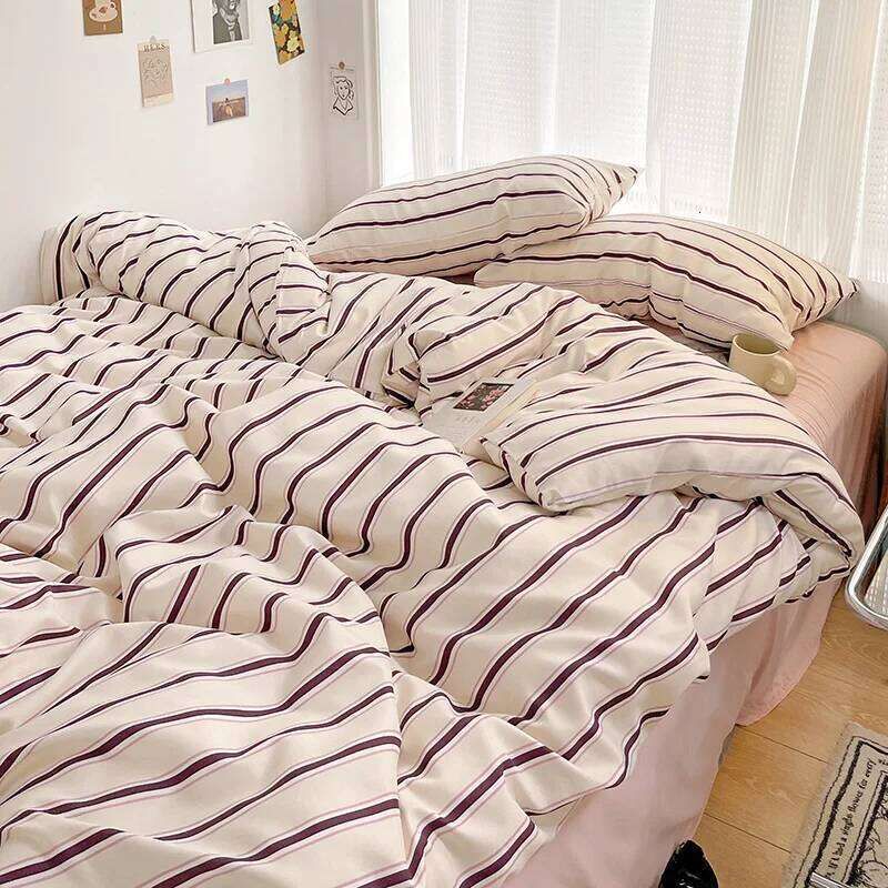 Korean Style Striped Duvet Washed Cotton 3/4pcs Bedding Set with Quilt Cover Bed Sheet Pillowcase Durable Breathable H260312