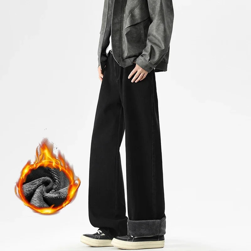 Mens Winter Thick Fleece Loose Straight Denim Jeans Solid Color Casual Drawstring Trousers Male Fashion Plush Pants 260228