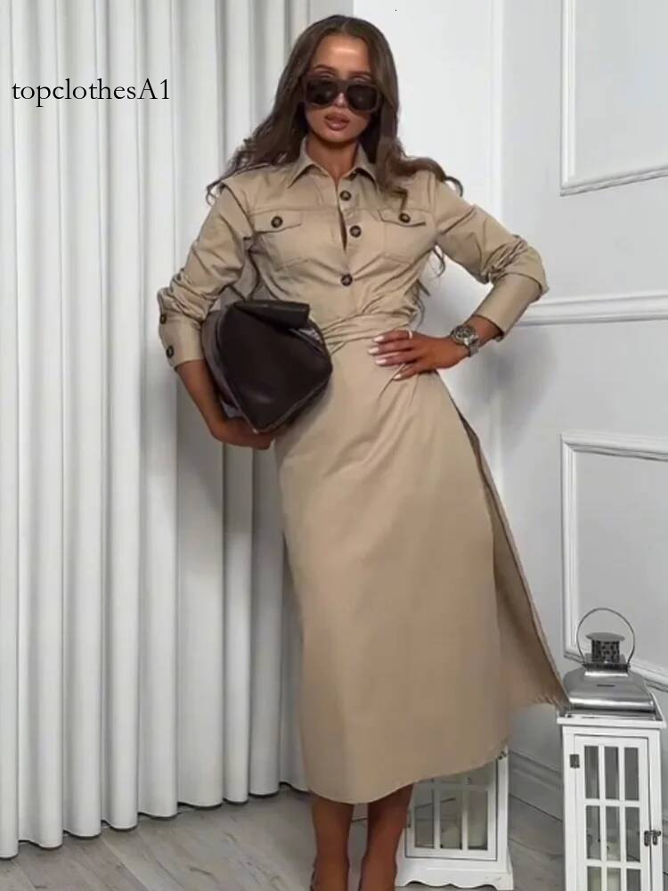 HH Woman Fashion Folds Strap Decoration Single Breasted Female Spring Long Sleeves Pockets Turn-down Collar Midi Dress