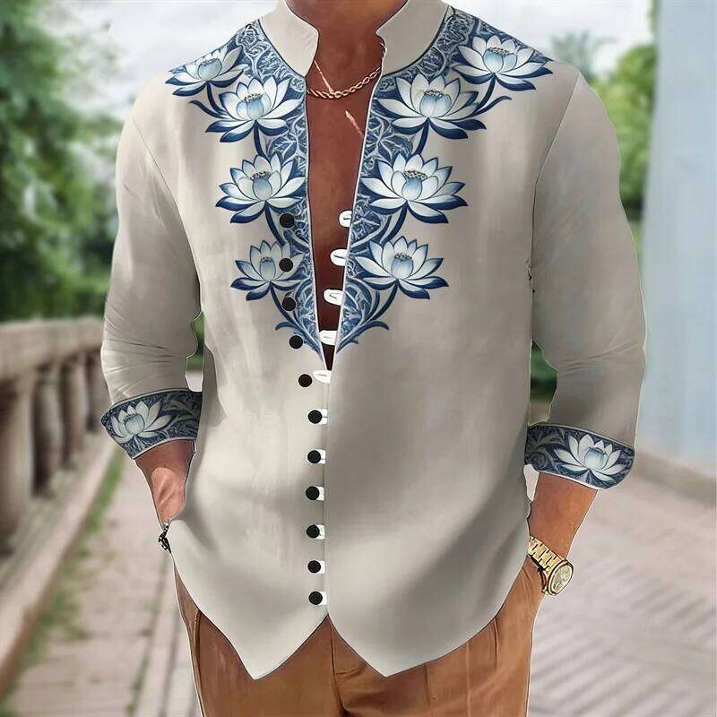 Flower, digital printing, fashion trend, street outdoor, high-quality and comfortable men's linen short-sleeved casual shirt
