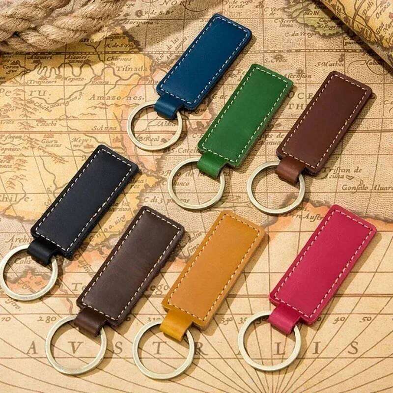 Custom Retro Cowhide LOGO Keychain Blank Leather Personalize Name Ring Key Chains for Men and Women Engrave Keyring Hotel Gift