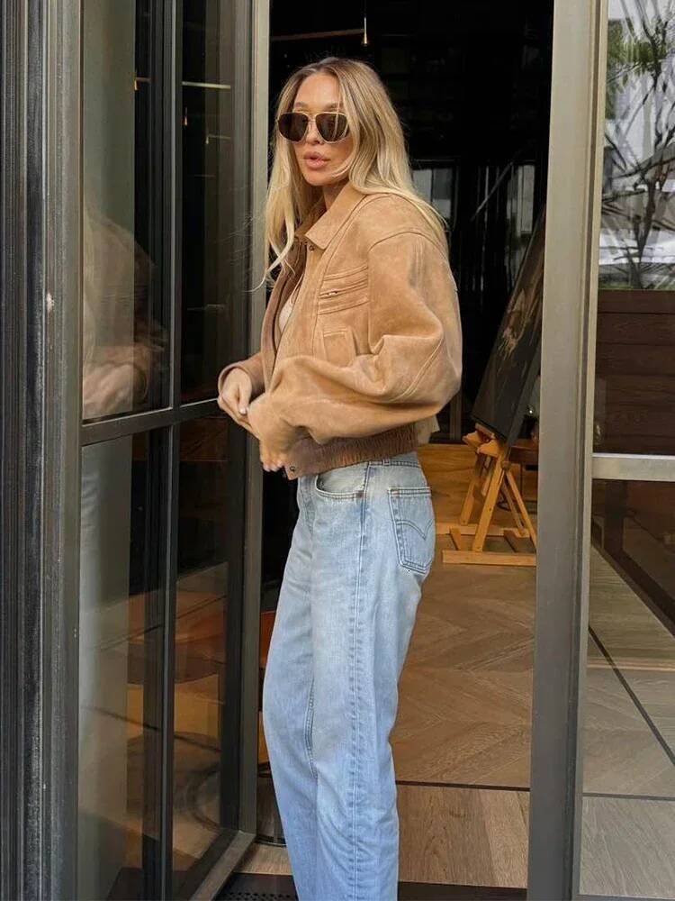 Elegant Brown Loose Short Suedejacket Women Lapel Lantern Sleeves Outwears Fashion Spring Autumn Female Daily Commute Coat 2026