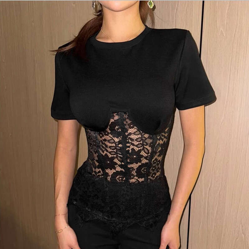Women's Lace Patchwork Bandage Tops See Through O-neck Short Sleeve T-Shirts 2026 Spring Summer Fashion Lady Casual Pullover New