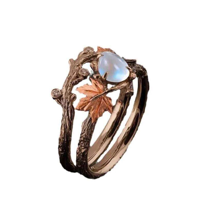 Vintage Boho Hollow Leaf Moonstone Ring for Women Niche Design Fashion Ethnic Rings Vocation Jewelry Gifts H260312
