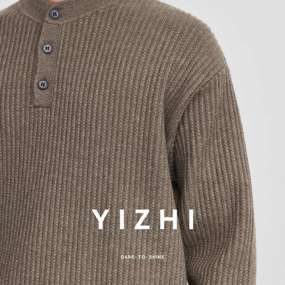 Fashion Men's 7-needle Henley Collar Vertical Knit Sweater 2026 Spring New Loose Solid Color Versatile Long Sleeve Pullover