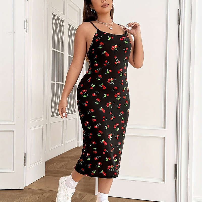 Cross-border French cherry print sweet long dress, European and American style, waist-cinching plus size suspender dress