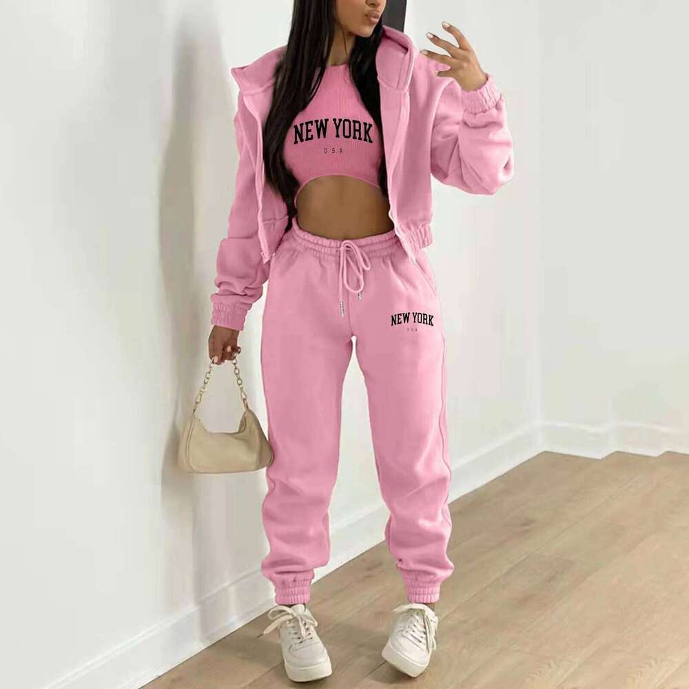 Sweatshirt Suit Women Tracksuit Sporty 3 Piece Set Vest Thick Coat Pants Print Outfits Lace Up Sportswear Ensemble Autumn Winter C260312