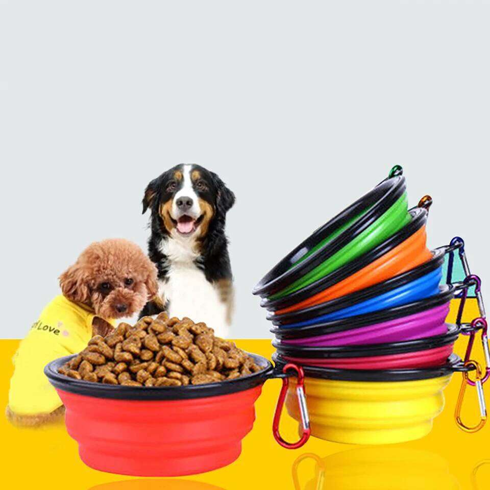 Collapsible Silicone Dog Food Water Outdoor Camping Travel Portable Folding Supplies Pet Bowl Dishes with Carabiner 26Y0312