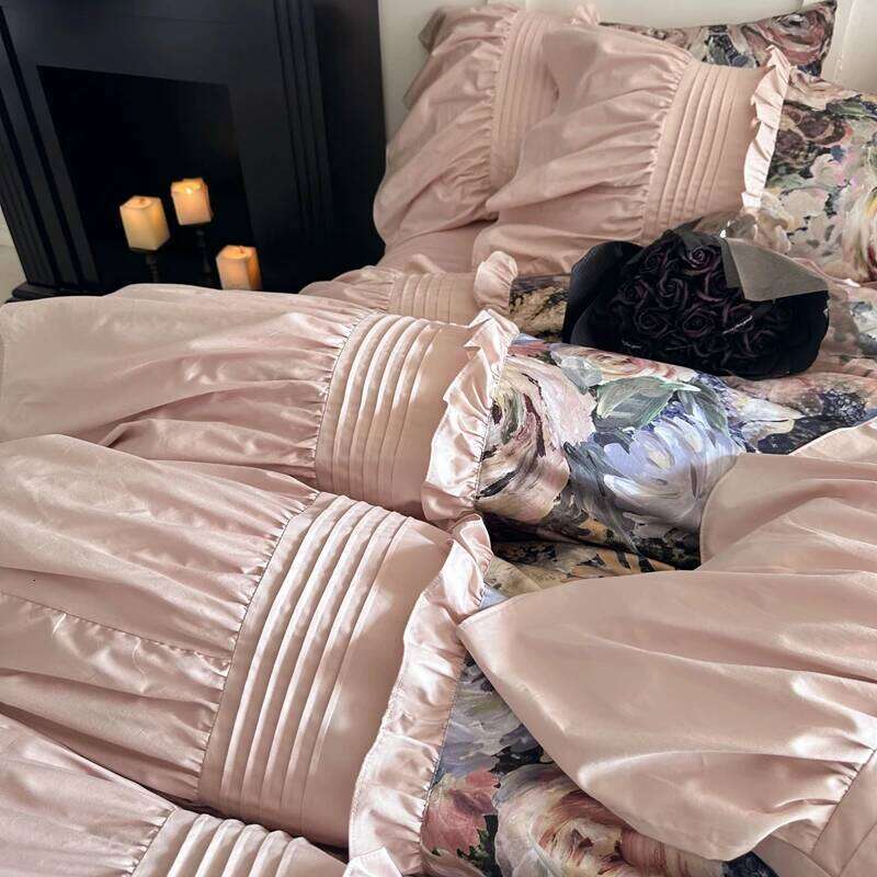 Vintage Rose Oil Painting Style Ruffles Egyptian Cotton Bedding Set Duvet Cover Bed Sheet/Bed Skirt/Fitted Sheet Pillowcase 4Pcs H260312