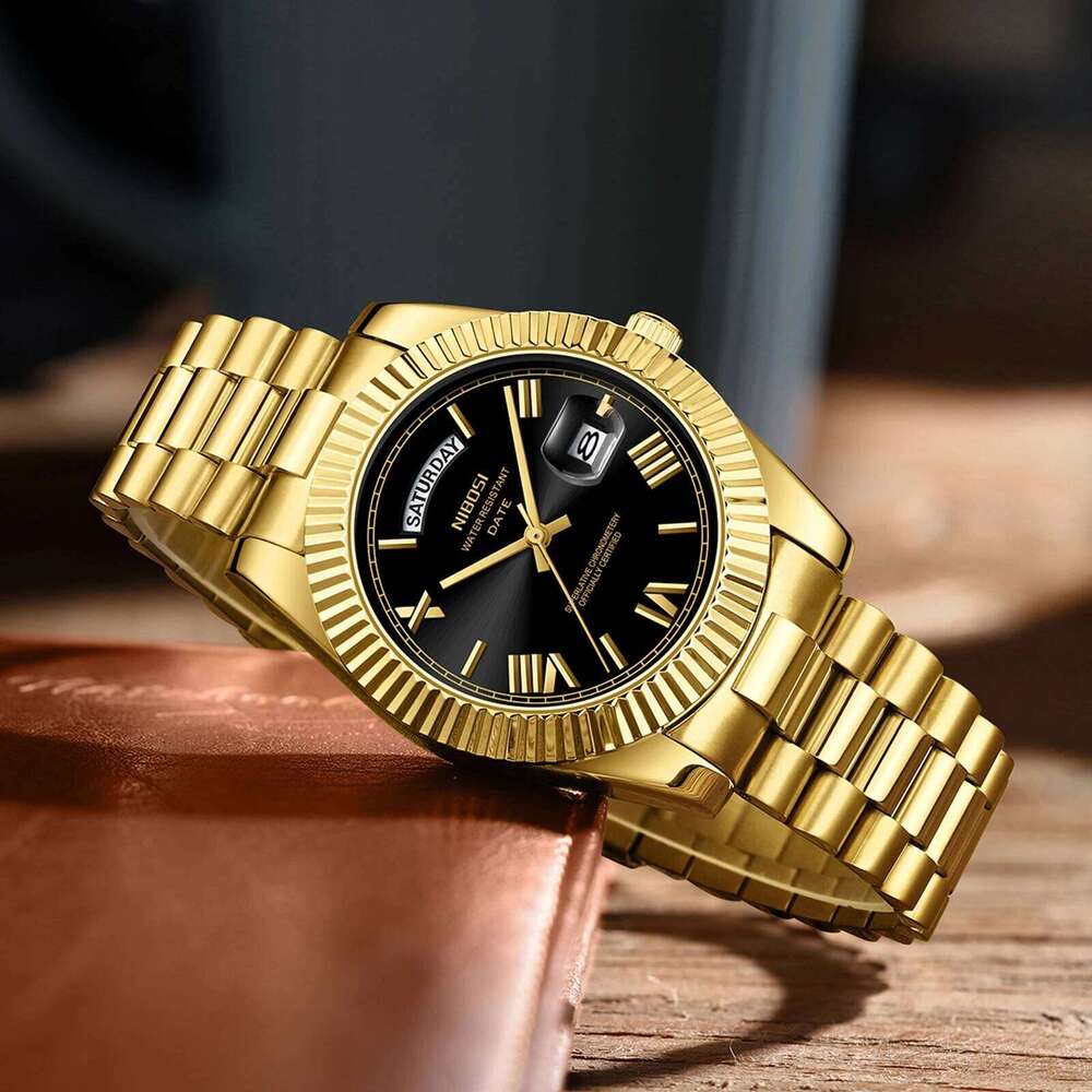 NIBOSI Gold Quartz for Date Week Fashion Watches Stainless Steel Waterproof Luminous Luxury Men Watch Reloj Hombre