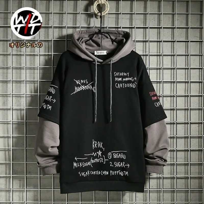 Spring /Autumn Mens Sweater Retro Mock Two-Piece Hooded Korean Hip Hop Print Sweatshirt Loose Hoodie Male Fleece Padded Jacket M260312