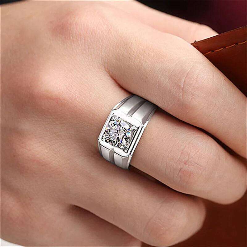 Classic Men's Sterling Silver Diamond Ring,Minimalist Timeless Wedding Engagement Jewelry for Men,Silver 925 Adjustable Ring H260312