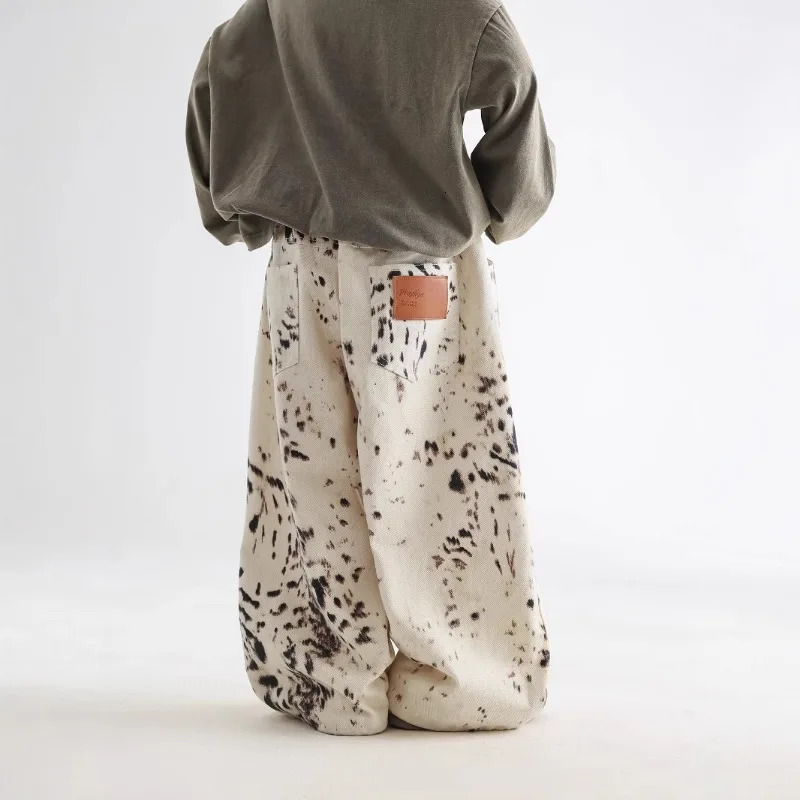 Korean Style 28Y Boys Jeans Spring Autumn Kids Apricot Leopard Print Casual Wide Leg Pants Children Versatile Trousers A05038 260311