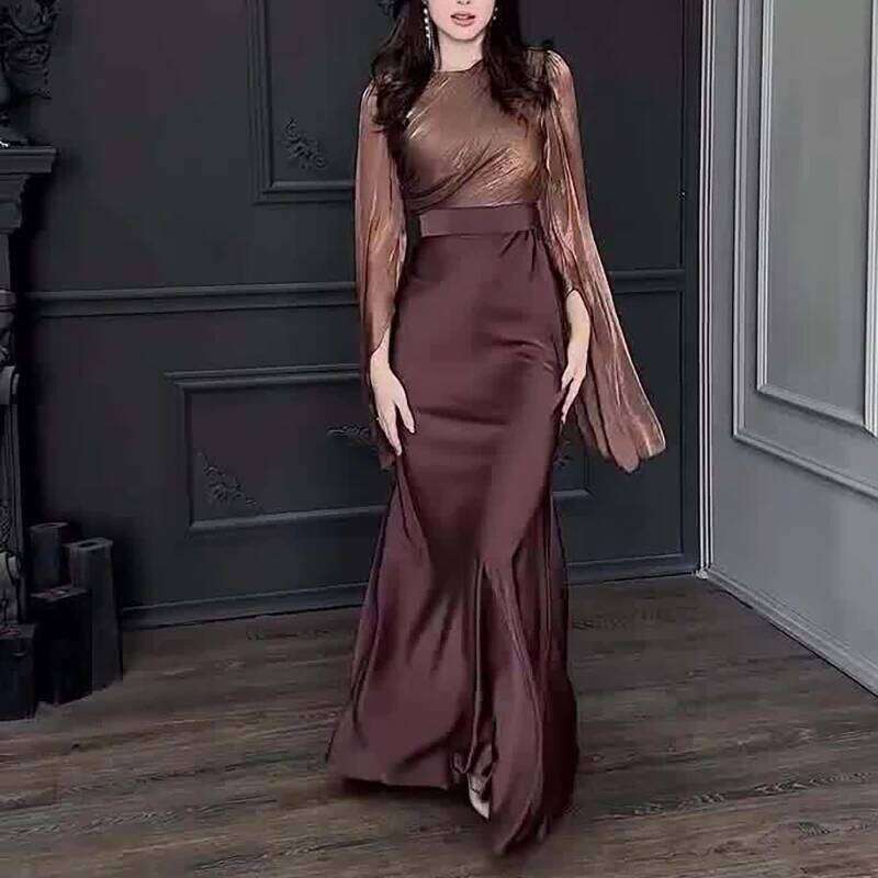Vintage High Waisted Women Satin Dress New Ladies Temperament Crew Collar Elegant Slim Long Sleeve Banquet Dresses C260312