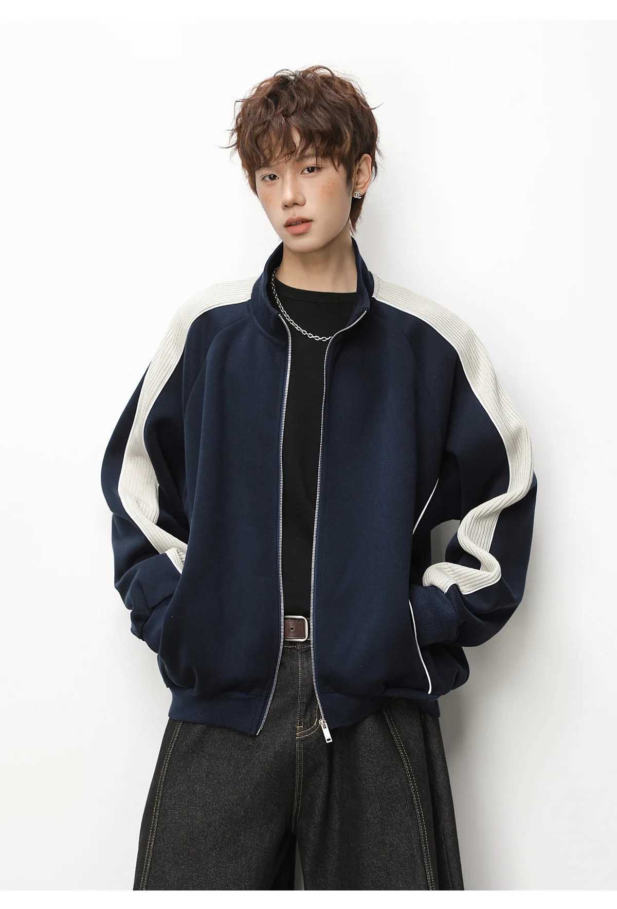 Clashing Colour Patchwork Cardigan Hoodie Mens Stand Collar Jacket Zip-Up Casual Outerwear Soft and Versatile M260312