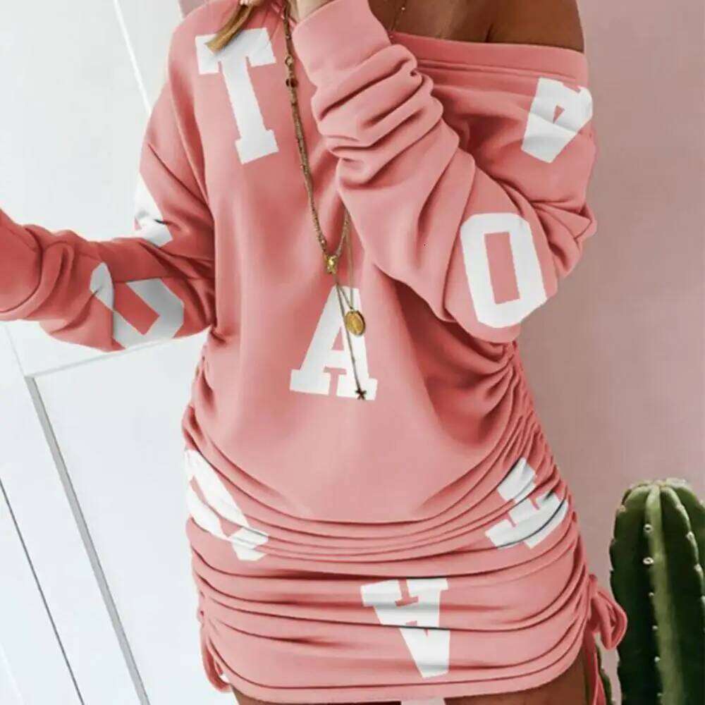Women Sweater Long Sleeve One Shoulder Drawstring Bodycon Ladies' Autumn Winter Pleated Sexy Hip Hugging Dress C260312