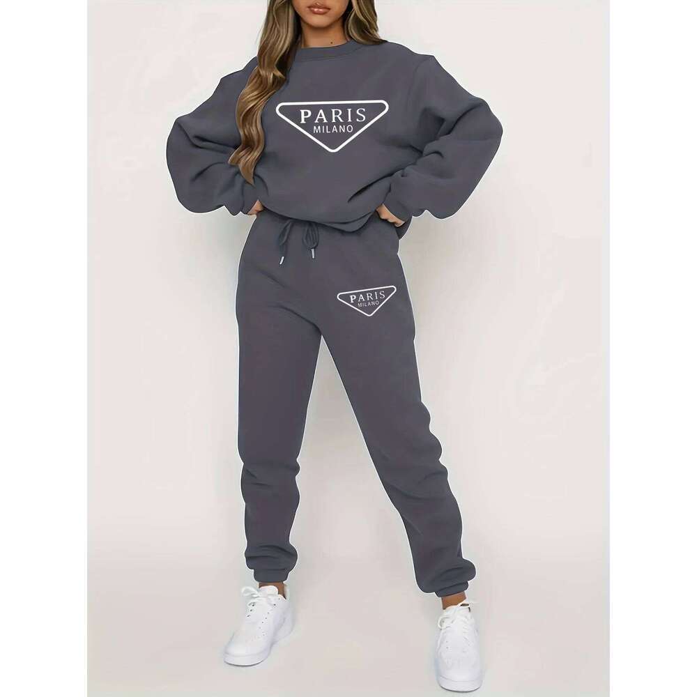 Women's autumn and winter hip-hop casual street party graphic printed round neck sports shirt+sports pants set warm clothing C260312