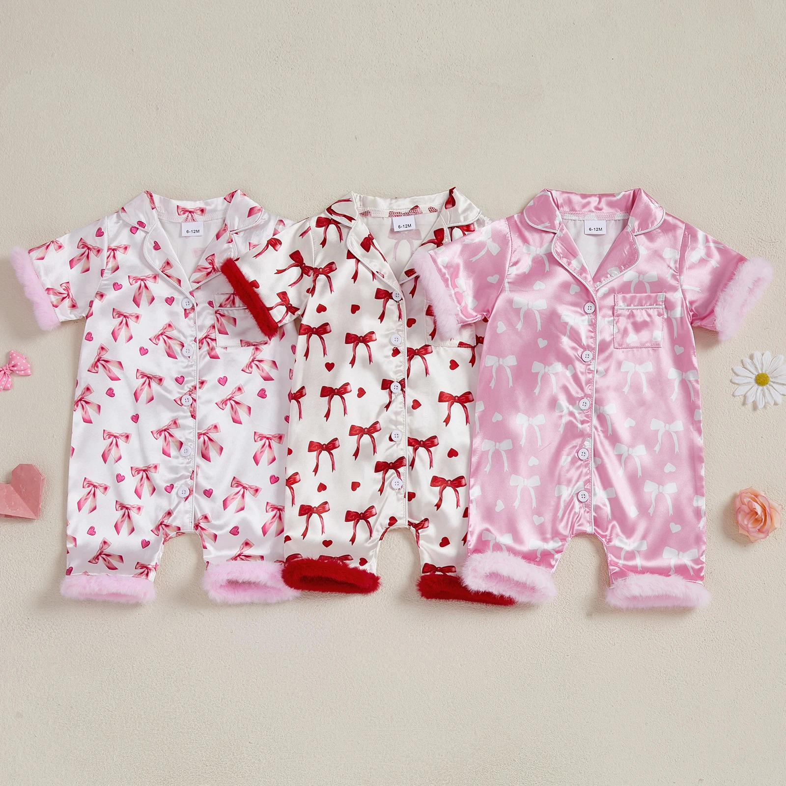 Baby Girl Satin Pajamas Romper born Bow Print Feather Cuffs Short Sleeve Lapel Button Down Silk Sleepwear Infant Loungewear 260311