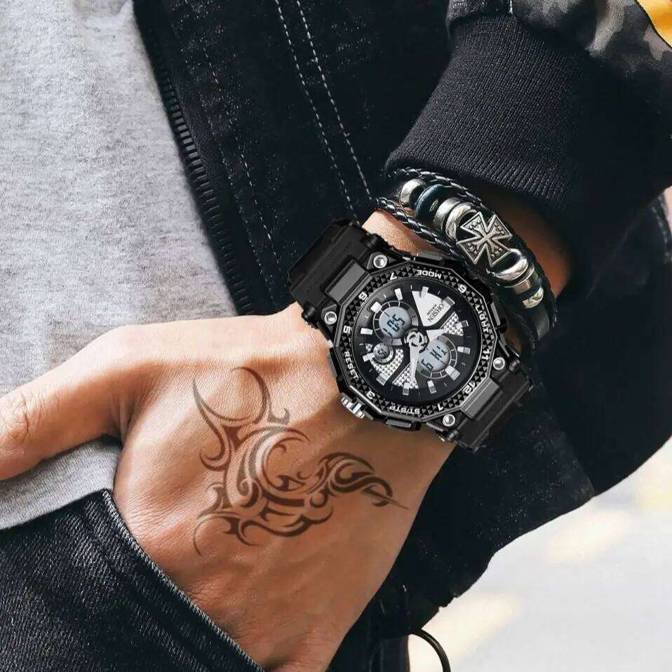 Fashion Trendy Sports Men's Electronic LED Light Analog Digital Dual Display Calendar Multifunctional Watch reloj hombre