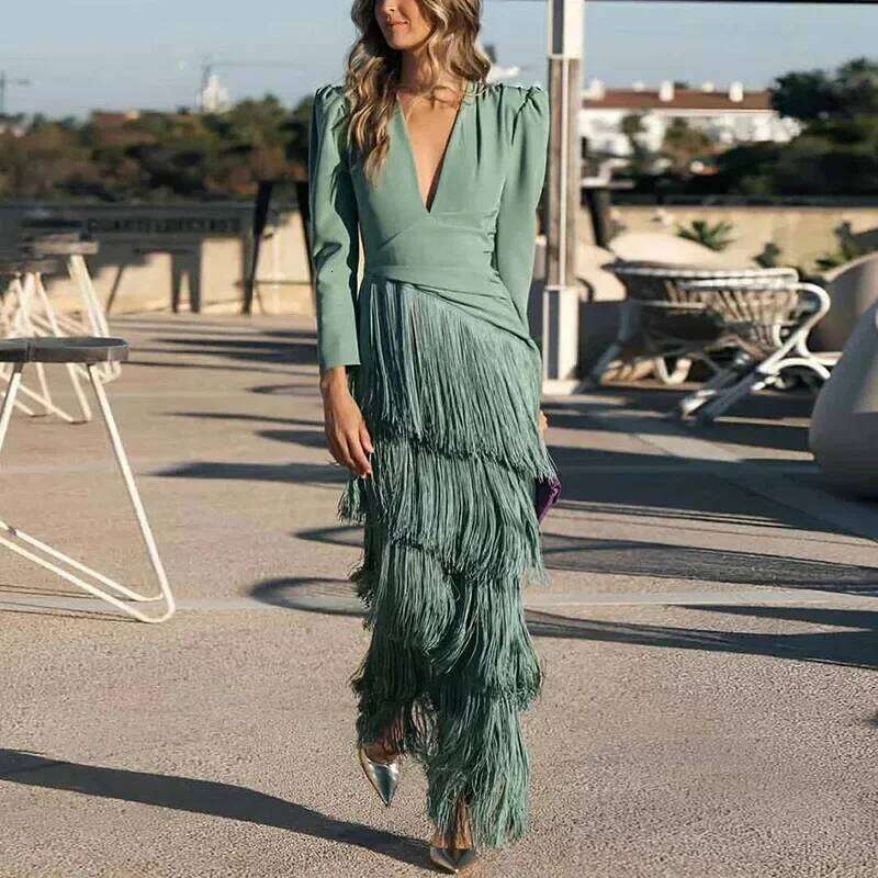French Elegant Deep V Neck Slim Prom Dresses 2025 Spring Solid Spliced Tassel Woman Long Sleeve New Autumn Maxi Dress C260312