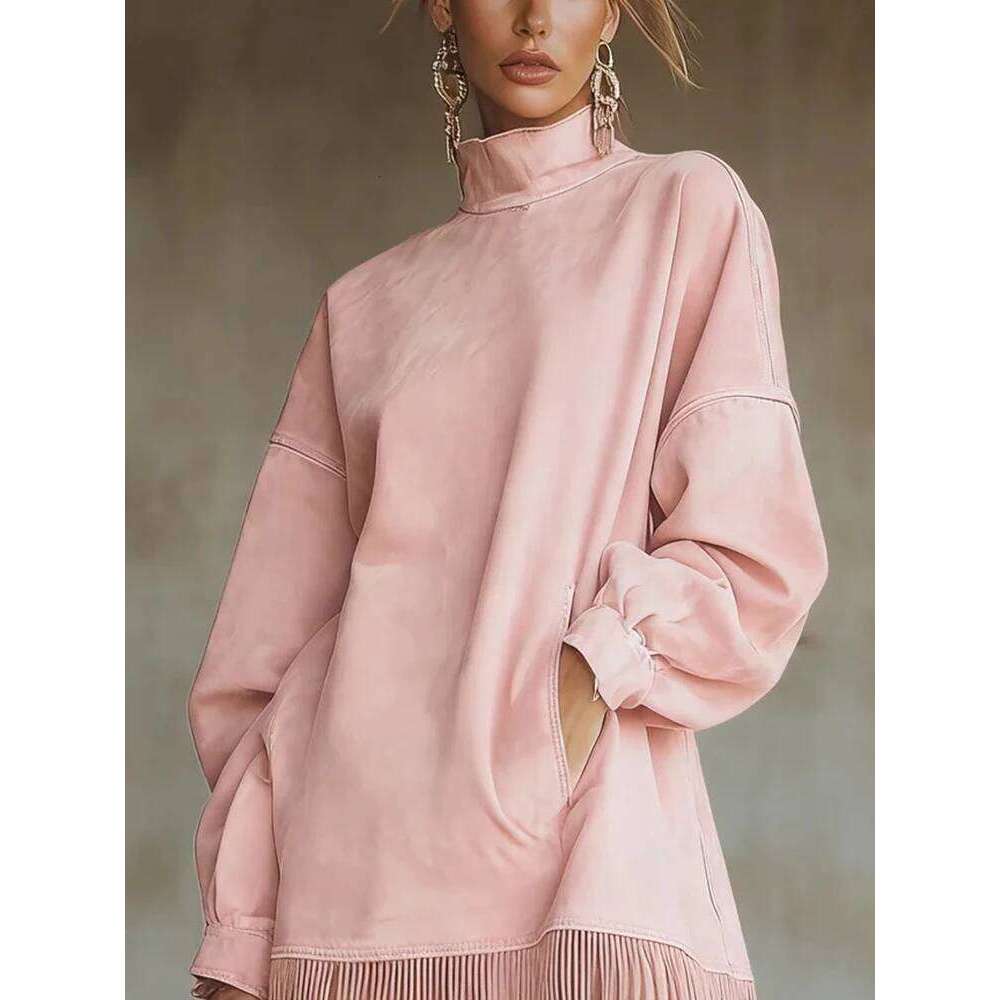 Fashion High Collar Velvet Pullovers Temperament Long Sleeve Loose A-line Elegant Solid Color Women's Commute Dress C260312