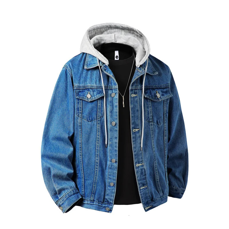 Autumn Winter Hooded Denim Jackets Men Casual Streetwear Outerwear Solid Color Loose Couple Denim Coats Hat Detachable Jacket 260304