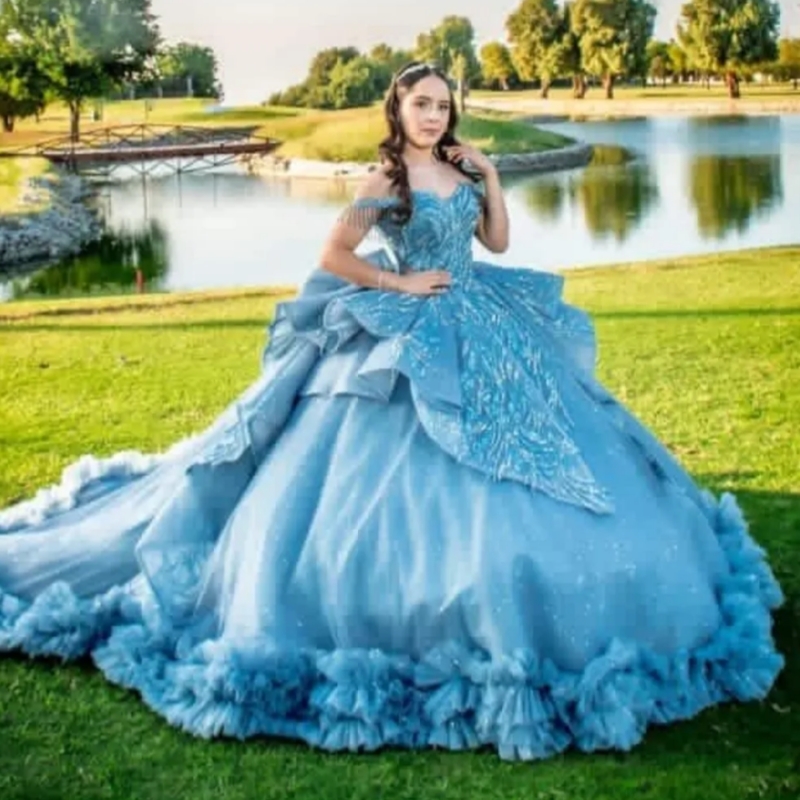 Blue Shiny Ball Gown Quinceanera Dresses 2026 Sequin Applique Lace Beading Crystal Tiered Tull Bow Corset Off Shoulder Sweet 16 Dress Years Vestidos D