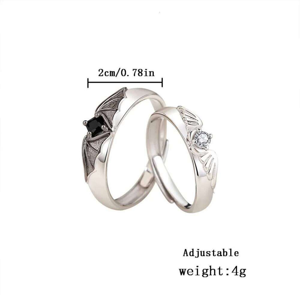 2Pcs/Set Dainty Black White Zircon Angel Demon Wings Couple Rings For Women Men Romantic Crystal Wing Finger Ring Lover Jewelry W260311