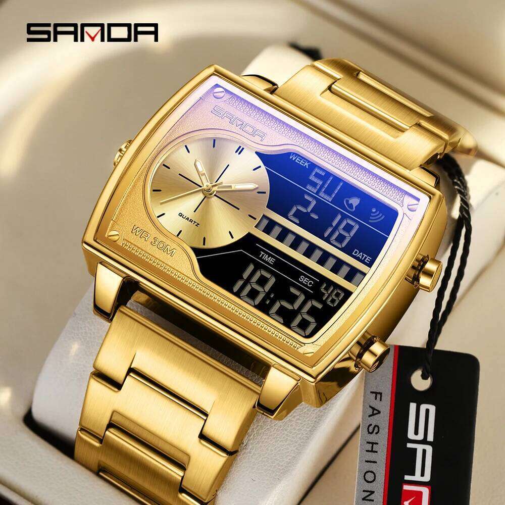 SANDA Top Brand Quartz Fashion Square Watch Men's Countdown Sports Waterproof Dual Display LED Digital Watches