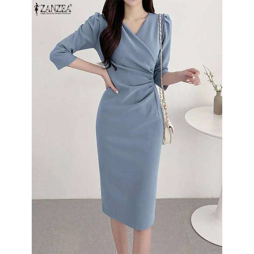 ZANZEA Summer Fashion Womens Dress Sexy Solid Color Knee Length Bodycon Sundress Elegant 3/4 Sleeve V-Neck Work OL Vestidos 2025 C260311