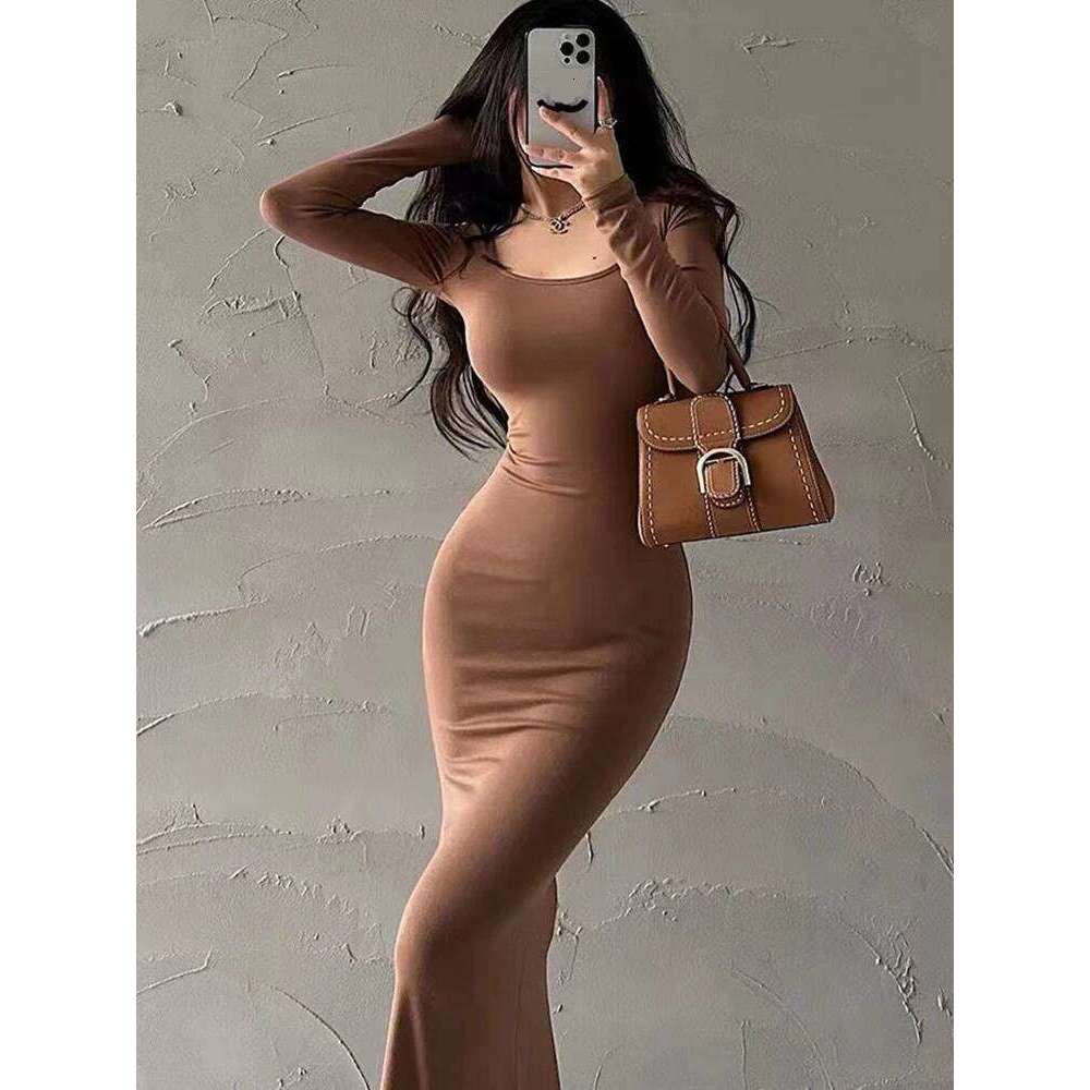 Ribbed Solid Sleeve Square Neck Skinny Bodycon Dress Women Autumn Sexy Evening Party Elegant Vestido Ladies Long Dresses C260311