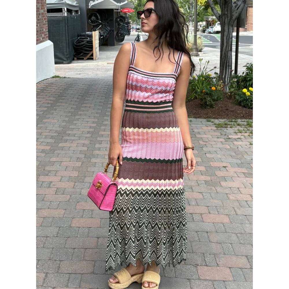 Popular Arab Pink Knit Zigzag Luxury Brand Design Dress For Woman High Quality Africa Bohemia Zig Zag Long Skirt Clothes C260311