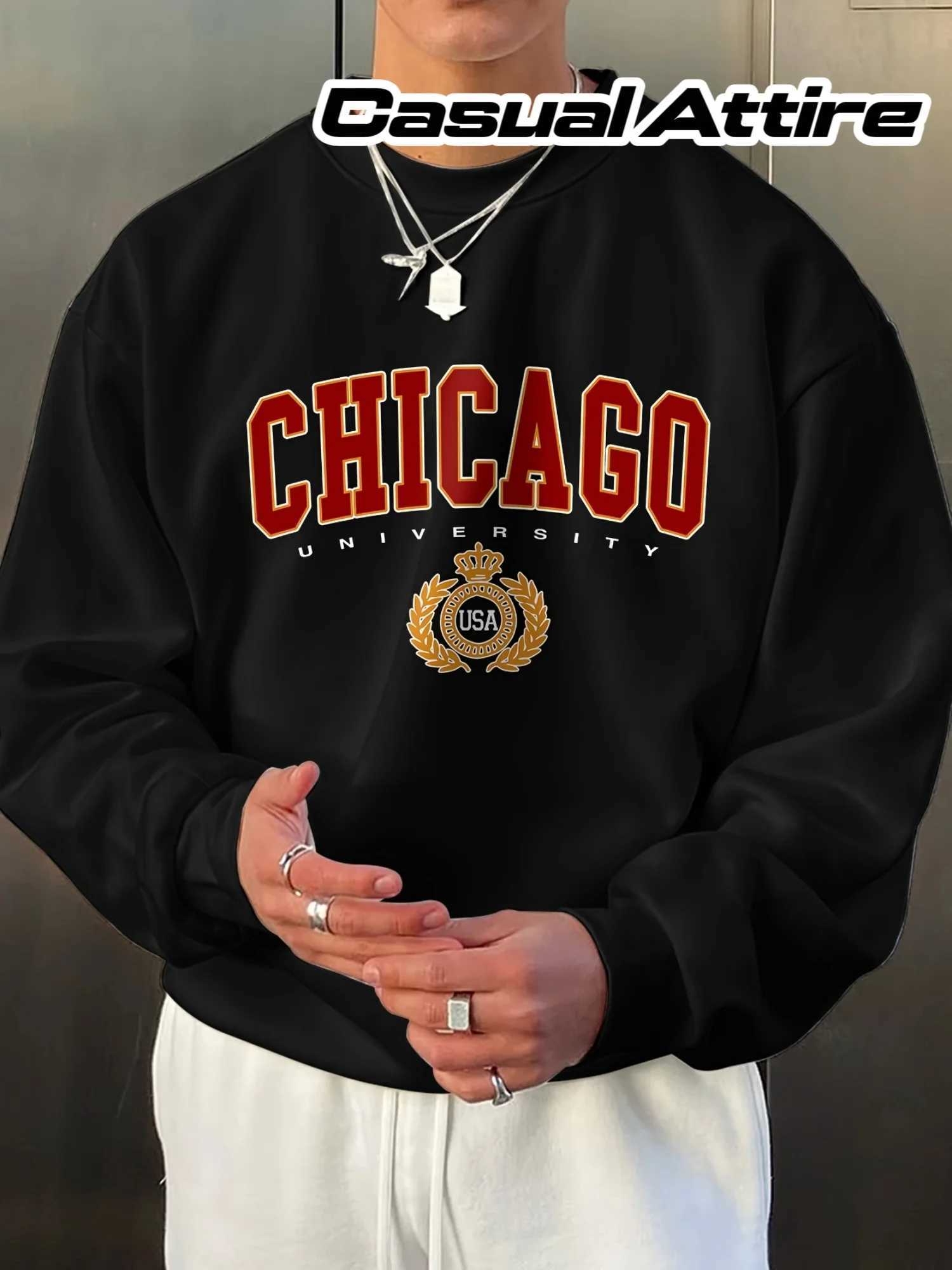 Mens autumn and winter warm casual loose Chicago University gold letter print long sleeved round neck sweatshirt M260312