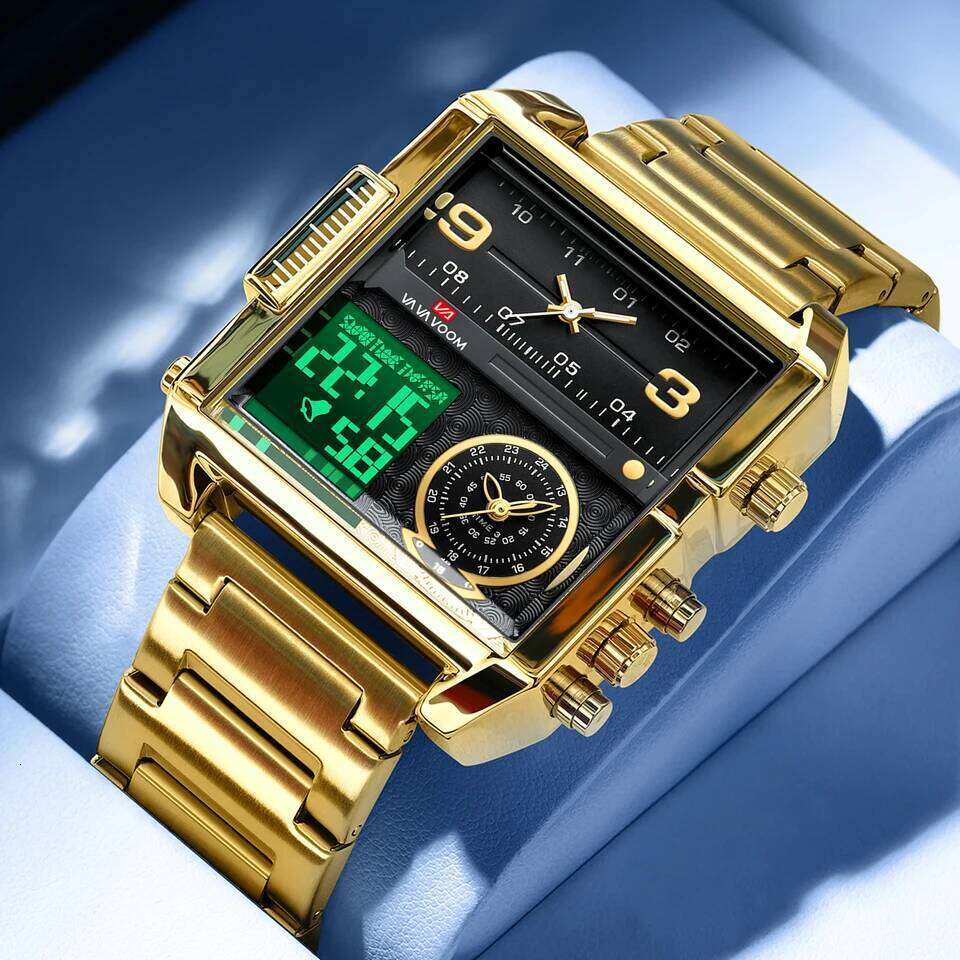 2025 New LED Fashion Square Creative Quartz Movement Black Stainless Steel Waterproof Timing Electronic Watch for Men