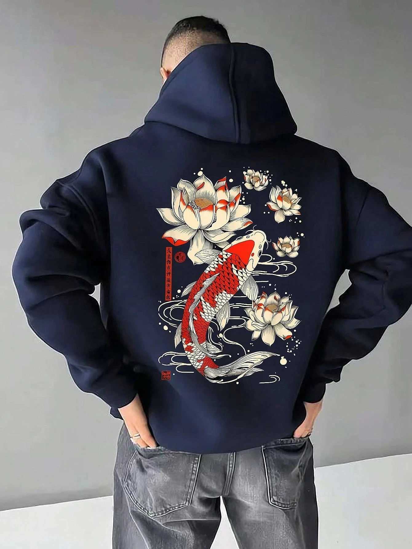 Beautiful Japanese Lotus Koi Prints Daily Comfy Hooded Casual Basics Clothing AutumnPocket Streetwear Classic Loose Pullovers M260312