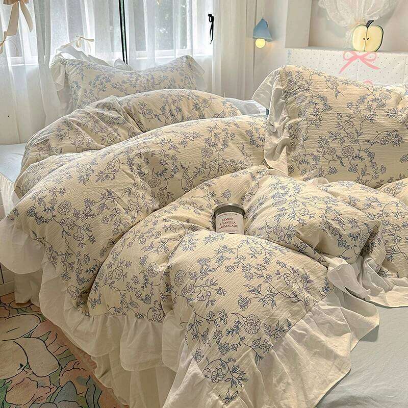 Floral print Korean style Princess Lace Bedding Duvet Cover Set Washed Cotton Flat Sheet set Queen For Girl Decor Home H260312