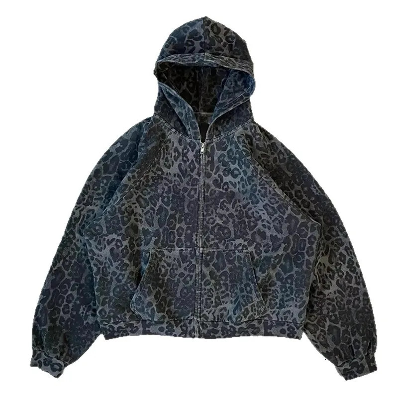 Mens Leopard Print Hoodie Autumn Winter Gothic Streetwear Zip Up Jacket Vintage Denim Kangaroo Pocket Loose Fit Fashion 260311