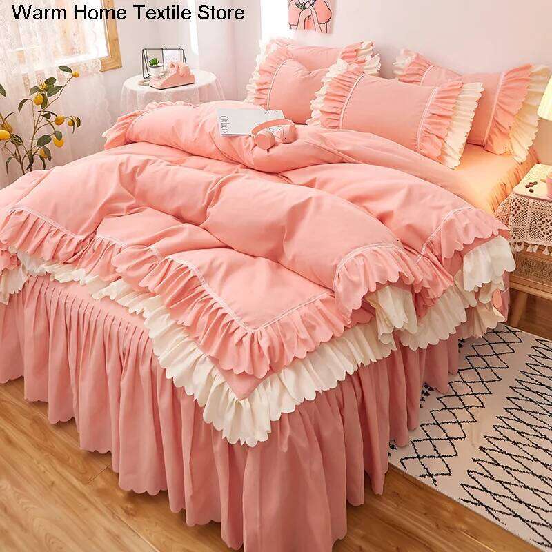 Pink Lace Ruffle Bedding Set Bed Skirt Sheet Korean Duvet Cover Girls Princess Bedspread Pillowcases H260312